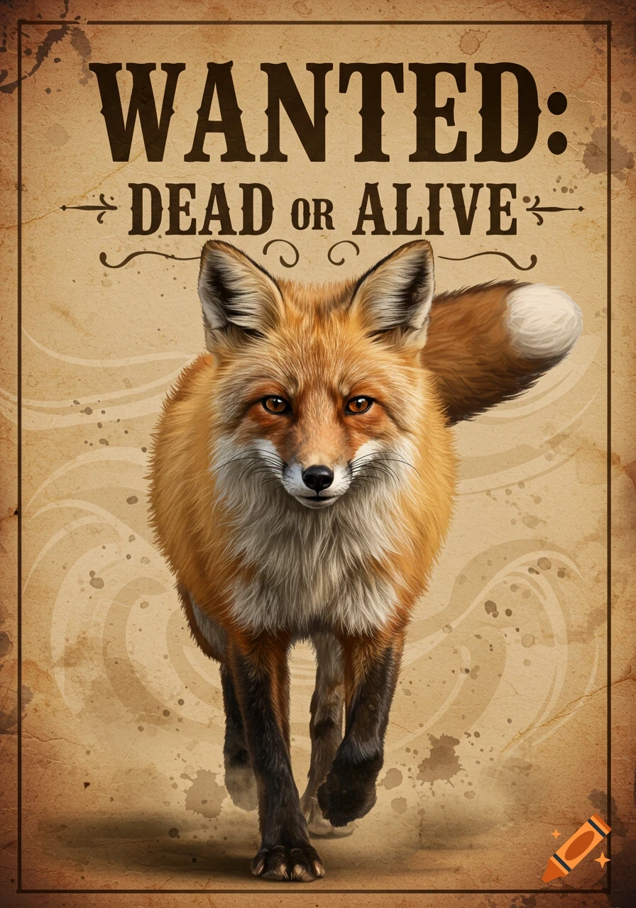 Vintage wanted poster featuring a red fox looking forward, text reads 'WANTED: DEAD OR ALIVE'.