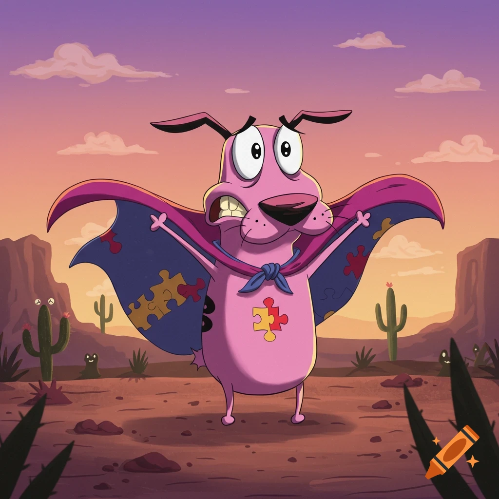 Courage the Cowardly Dog, looking nervous in a superhero cape with autism puzzle pieces, in a desert at sunset.