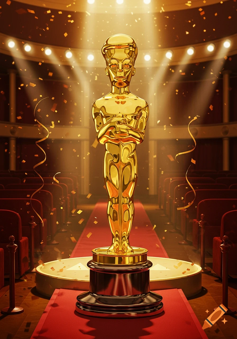 A golden Oscar-like statue styled as Grimes from The Simpsons stands on a red carpet stage in a theater, showered by confetti.