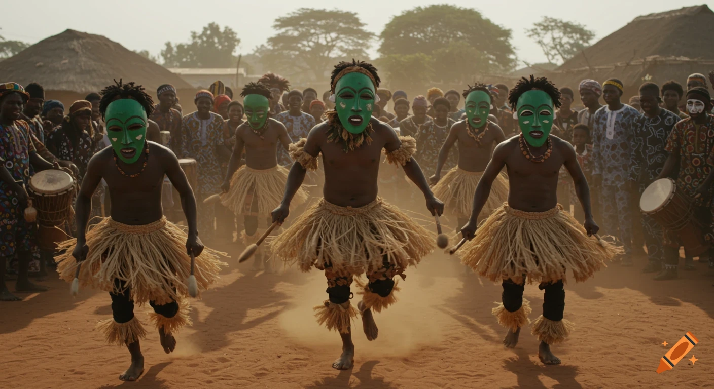 Masked dancers in green masks and raffia skirts perform in a dusty village square, surrounded by villagers and drummers.