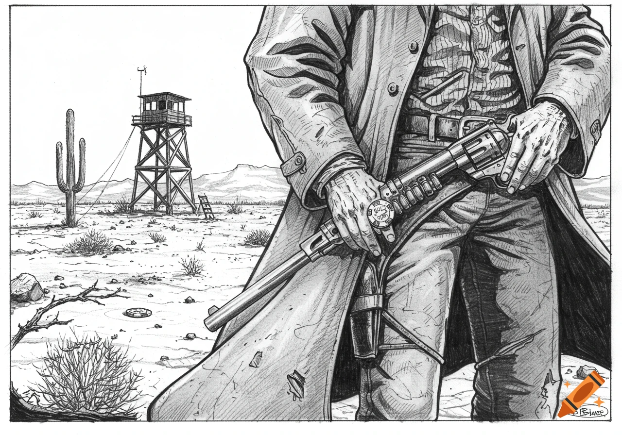 Close-up pencil drawing of a cowboy holding a revolver and a poker chip in a desert with a watchtower and cactus.