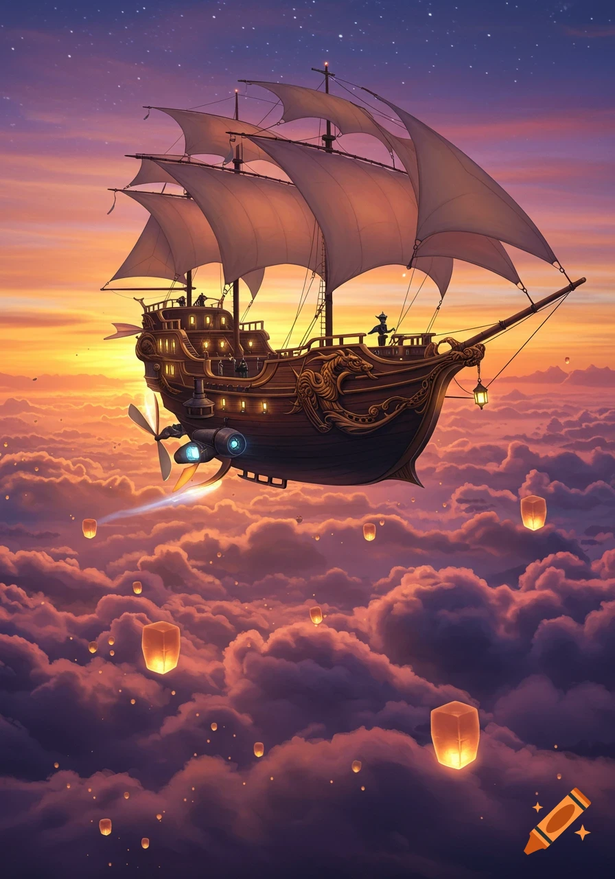 A fantasy airship with sails and propellers flies above pink and purple clouds at sunset, with floating lanterns and stars in the sky.