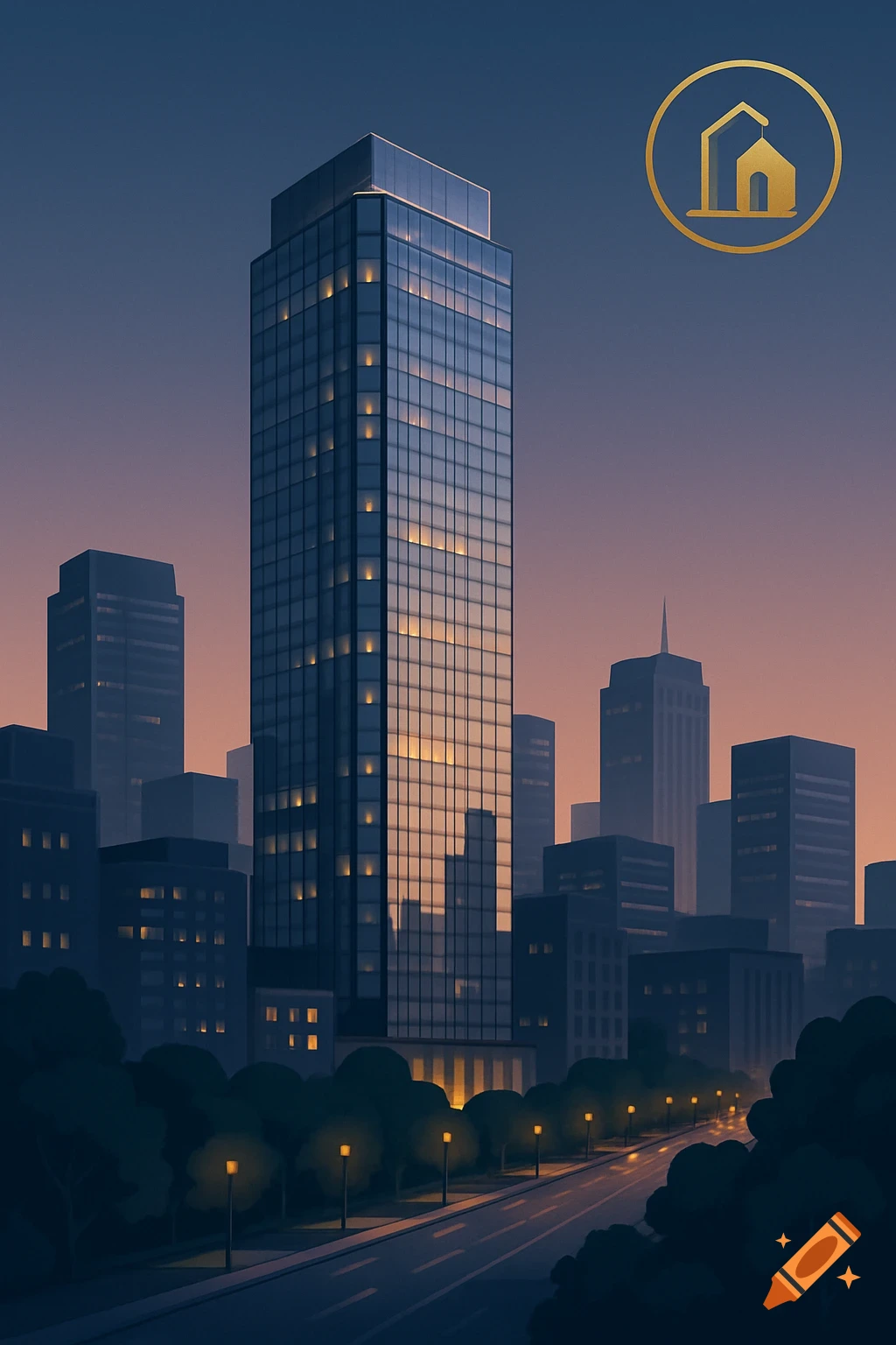 A modern glass skyscraper dominates a stylized city skyline at dusk, with streetlights and illuminated windows, and a golden house logo.