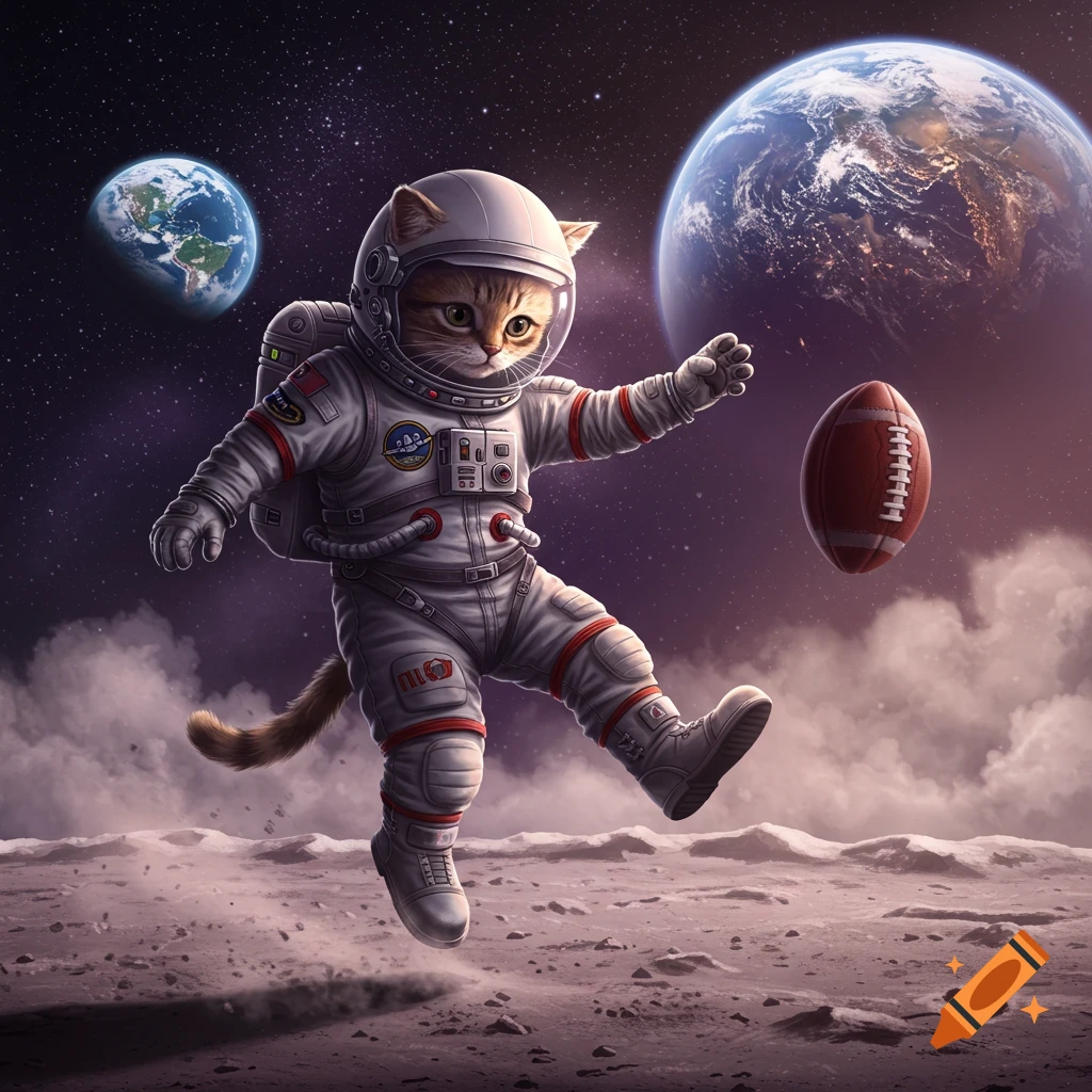 A cute cat in an astronaut suit floats on the moon's surface, kicking a football in space with planets in the background.