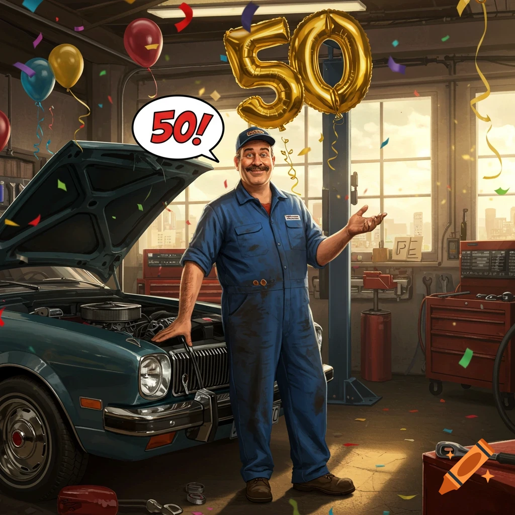 A happy male mechanic in a blue jumpsuit stands in a garage next to a classic car, celebrating his 50th birthday with balloons and confetti.