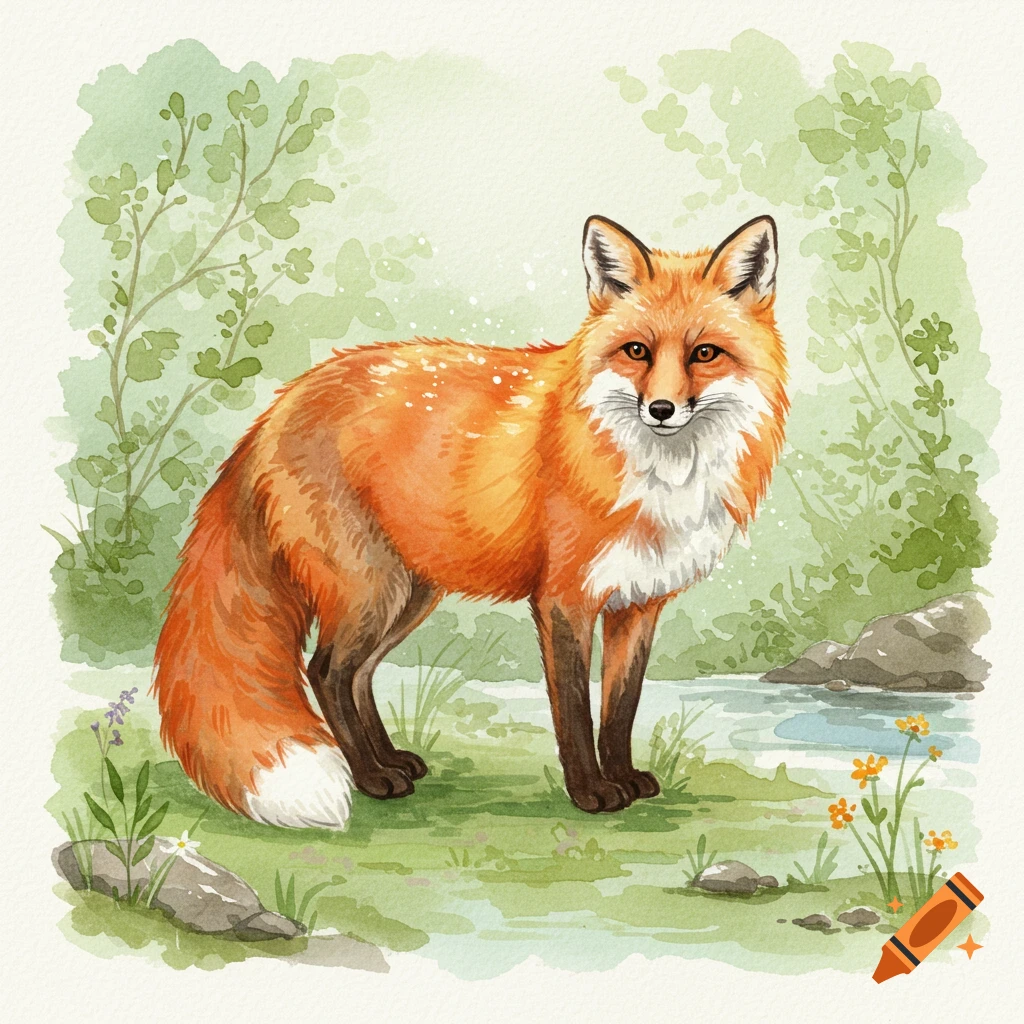 A watercolor painting of an orange fox with white markings, standing in a green forest with a stream in the background.