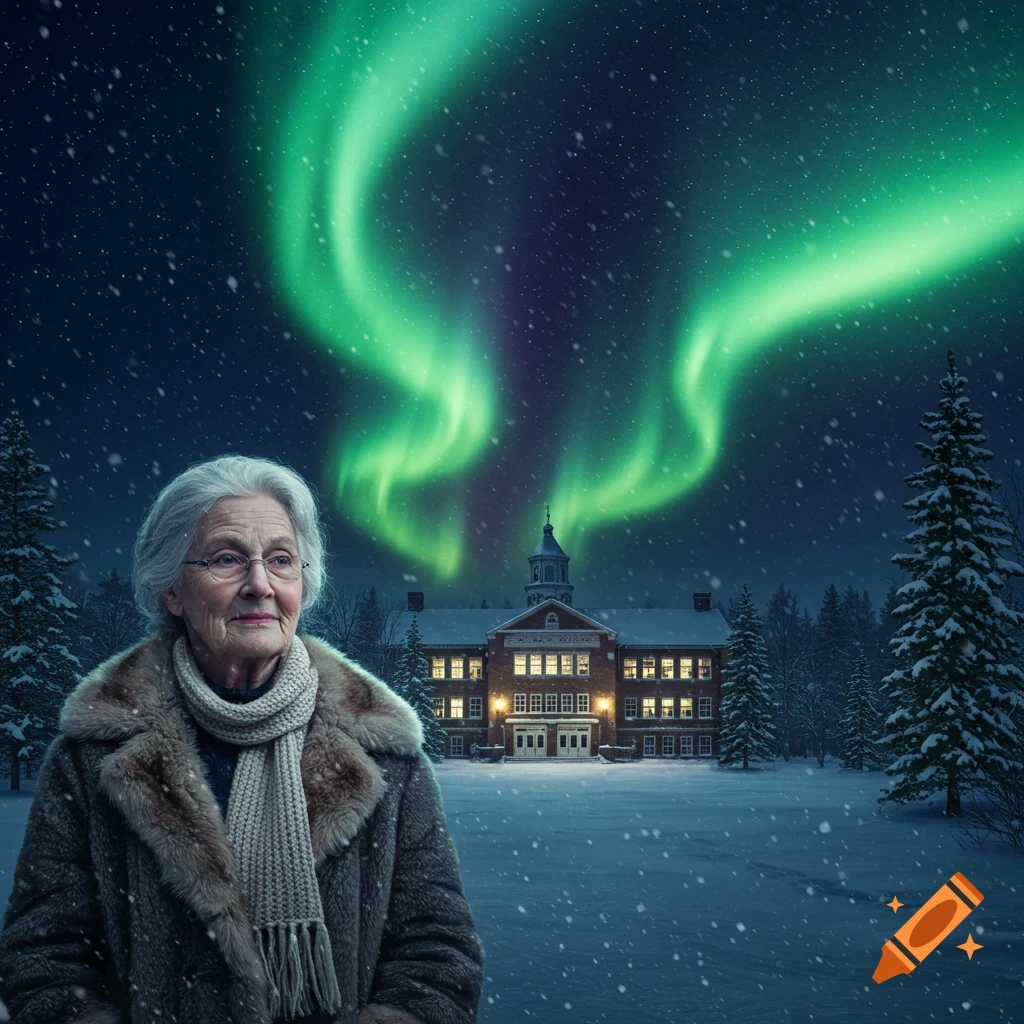 An old woman in a fur coat and scarf stands in the snow, in front of a school under the vibrant green Northern Lights.
