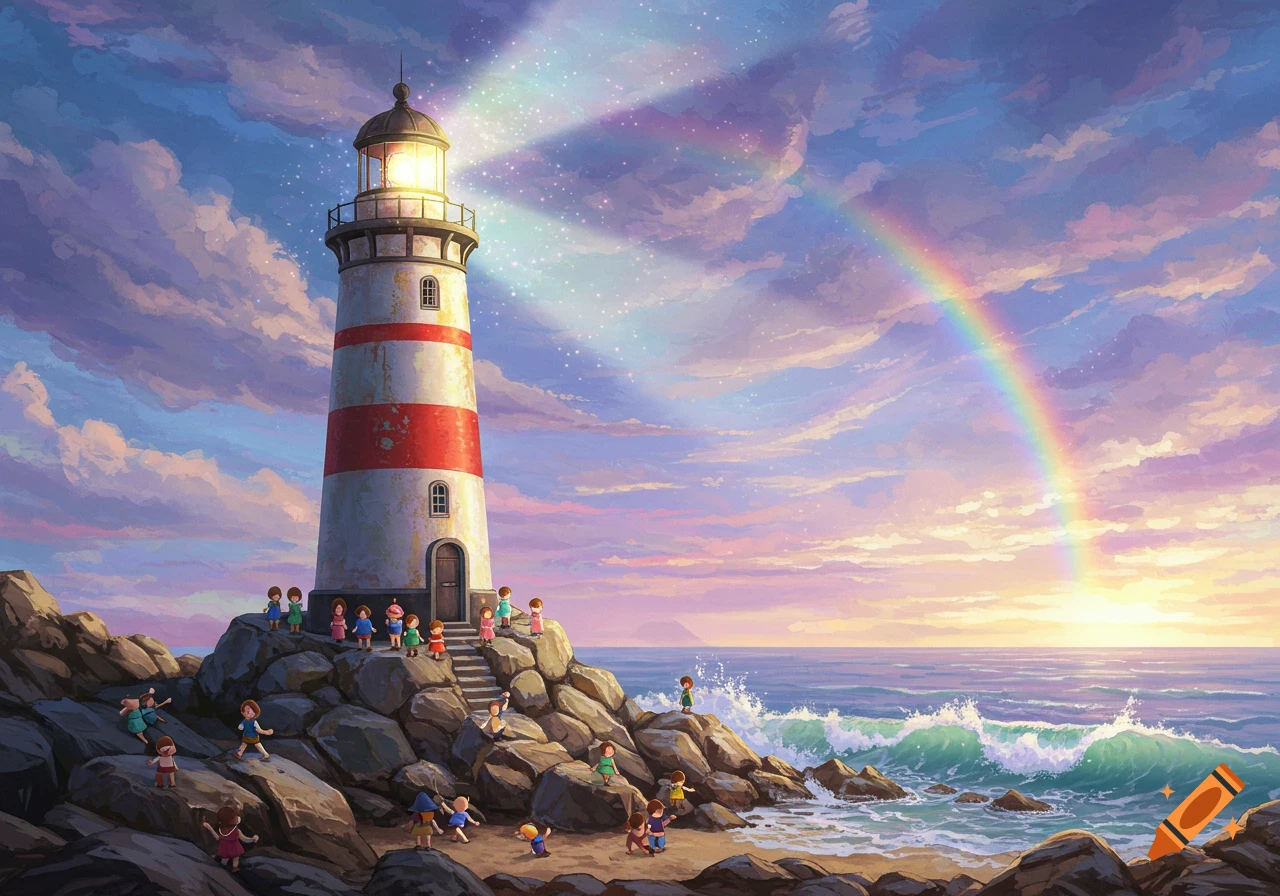 Illustrated magical lighthouse on a rocky coast with children playing, a vibrant rainbow, and sparkling light.
