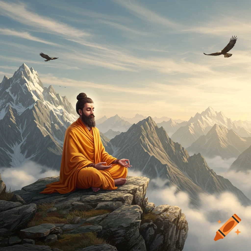 A bearded man in an orange robe meditates in a cross-legged pose on a rocky mountain peak overlooking a vast mountain range with clouds and eagles.