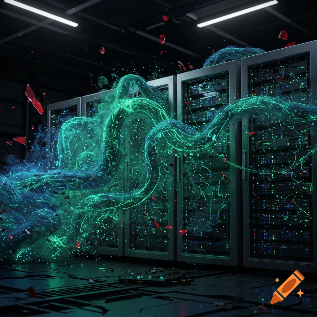 Digital art of glowing green data escaping from server racks amidst shattered red glass, symbolizing a ransomware attack.