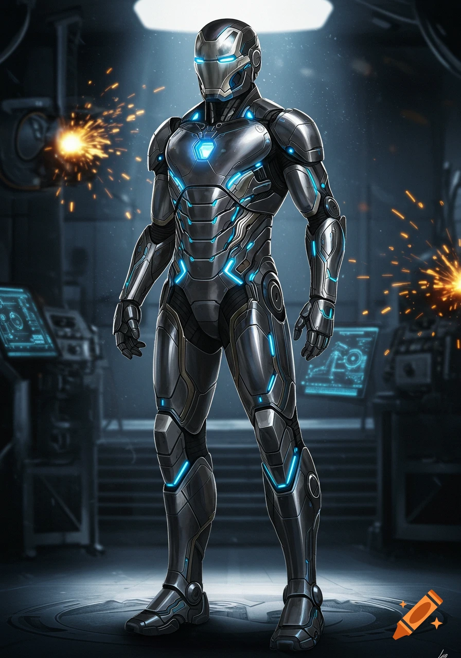 A full-body shot of a futuristic iron suit with blue glowing accents in a dimly lit workshop with welding sparks.