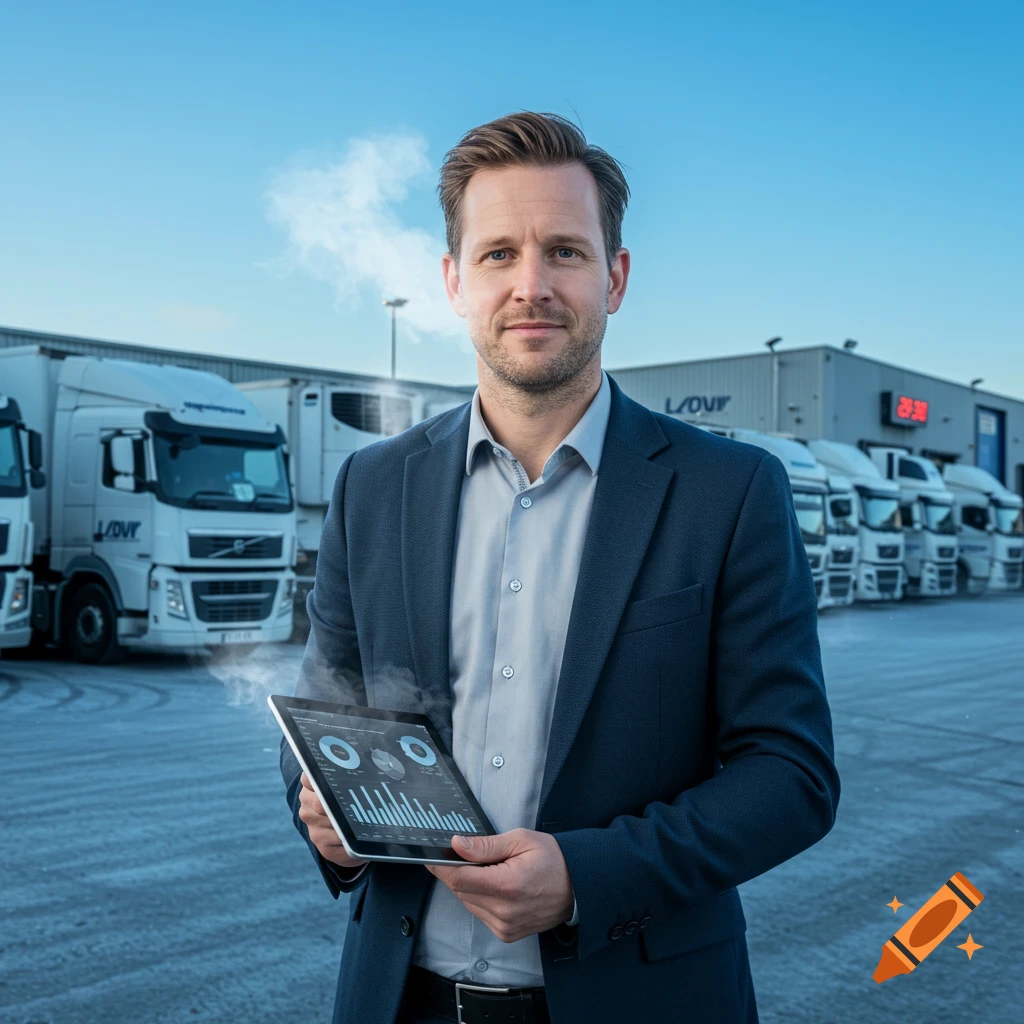 A businessman in a suit holds a tablet with charts, standing in front of white semi-trucks at a transport facility.