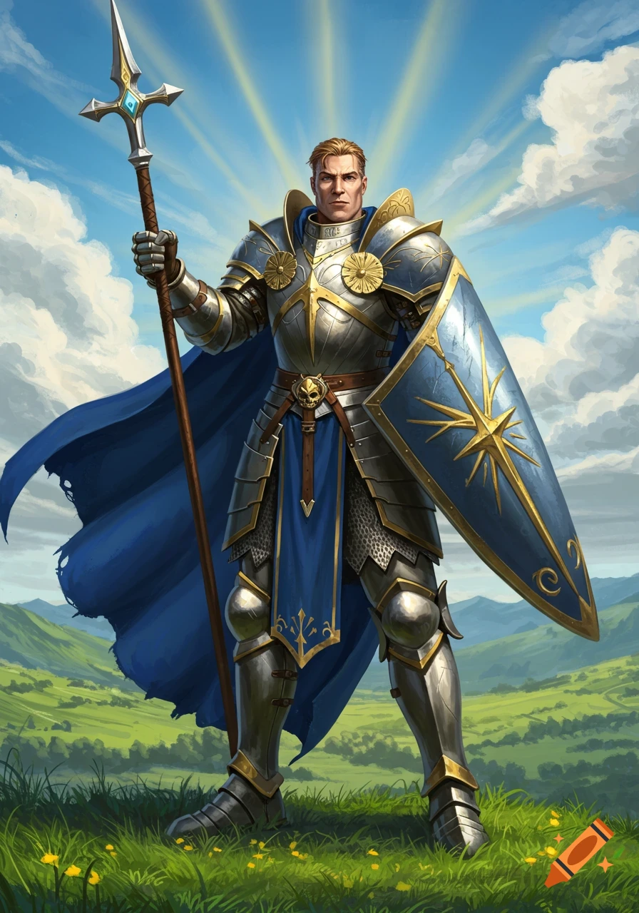 A stoic paladin in shining full plate armor and a flowing blue cape stands in a green field, holding a spear and a shield under a bright, radiant sky.