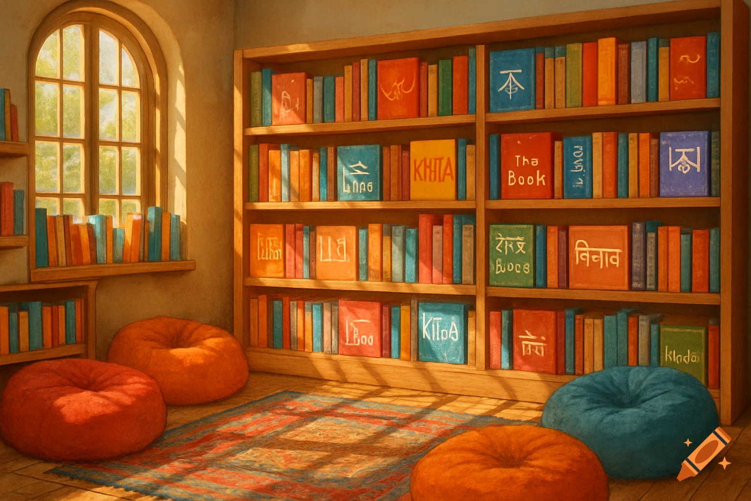A cozy library room with shelves full of colorful books, an arched window, a patterned rug, and orange and blue bean bags.