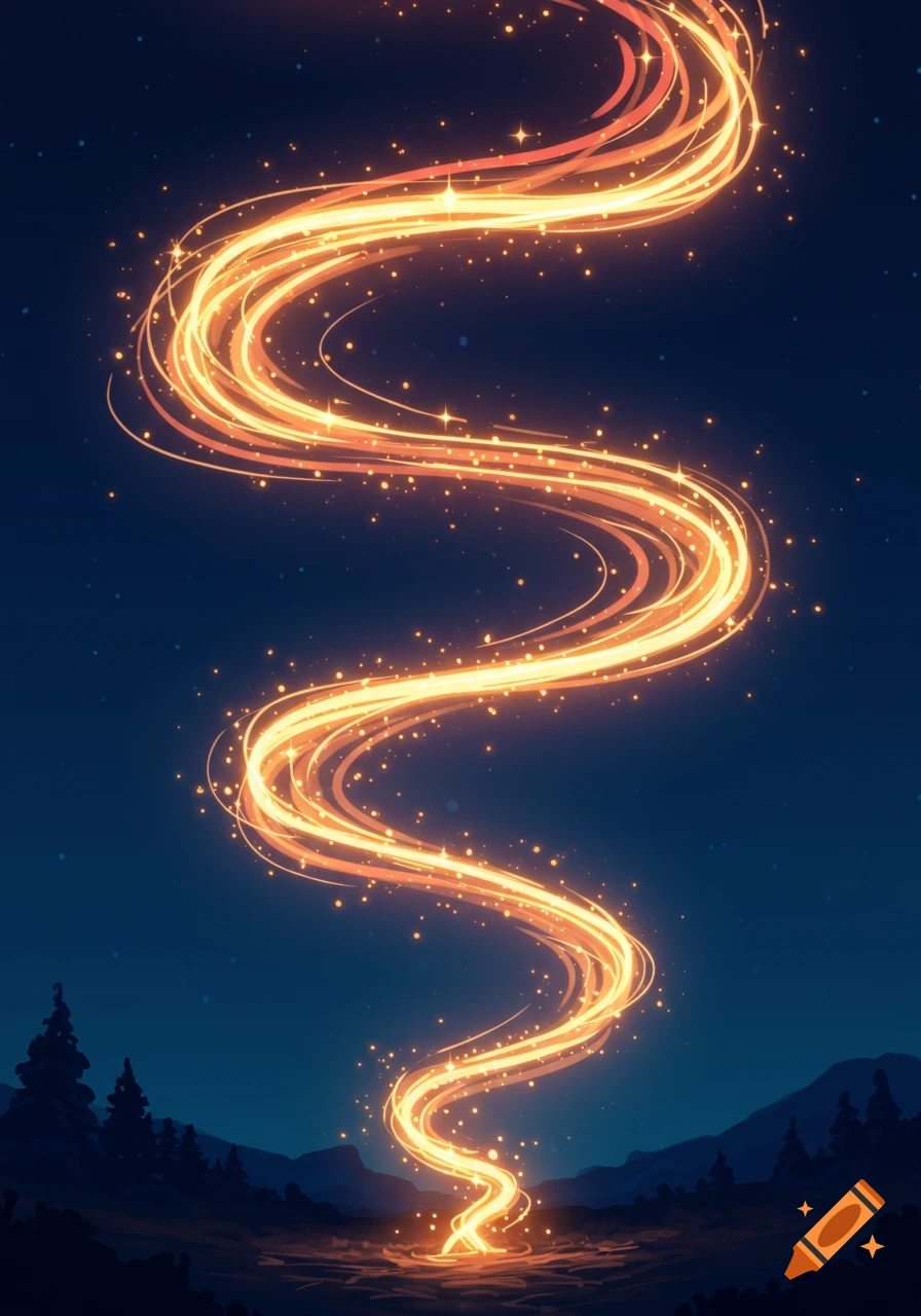 A golden, sparkling light stream swirls upwards from the ground into a dark blue night sky above silhouetted trees.