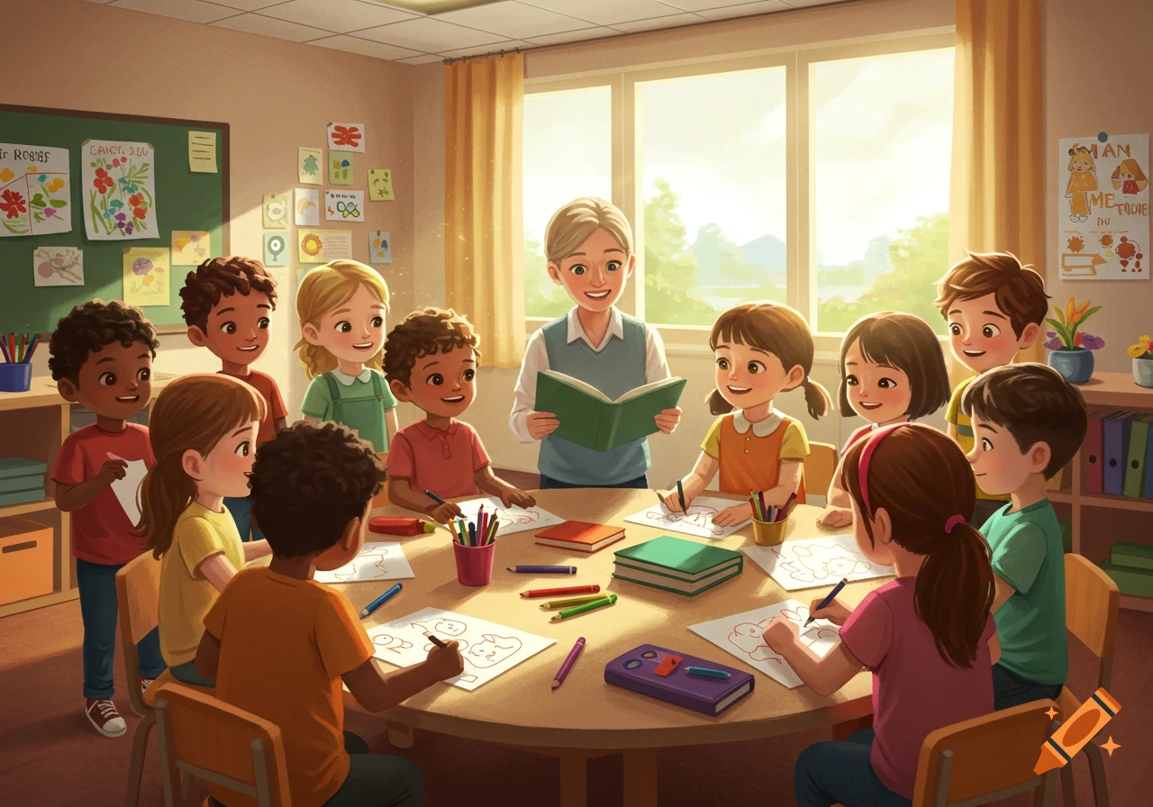 A friendly teacher reads a book to a diverse group of happy children drawing at a round table in a brightly lit classroom, illustration style.