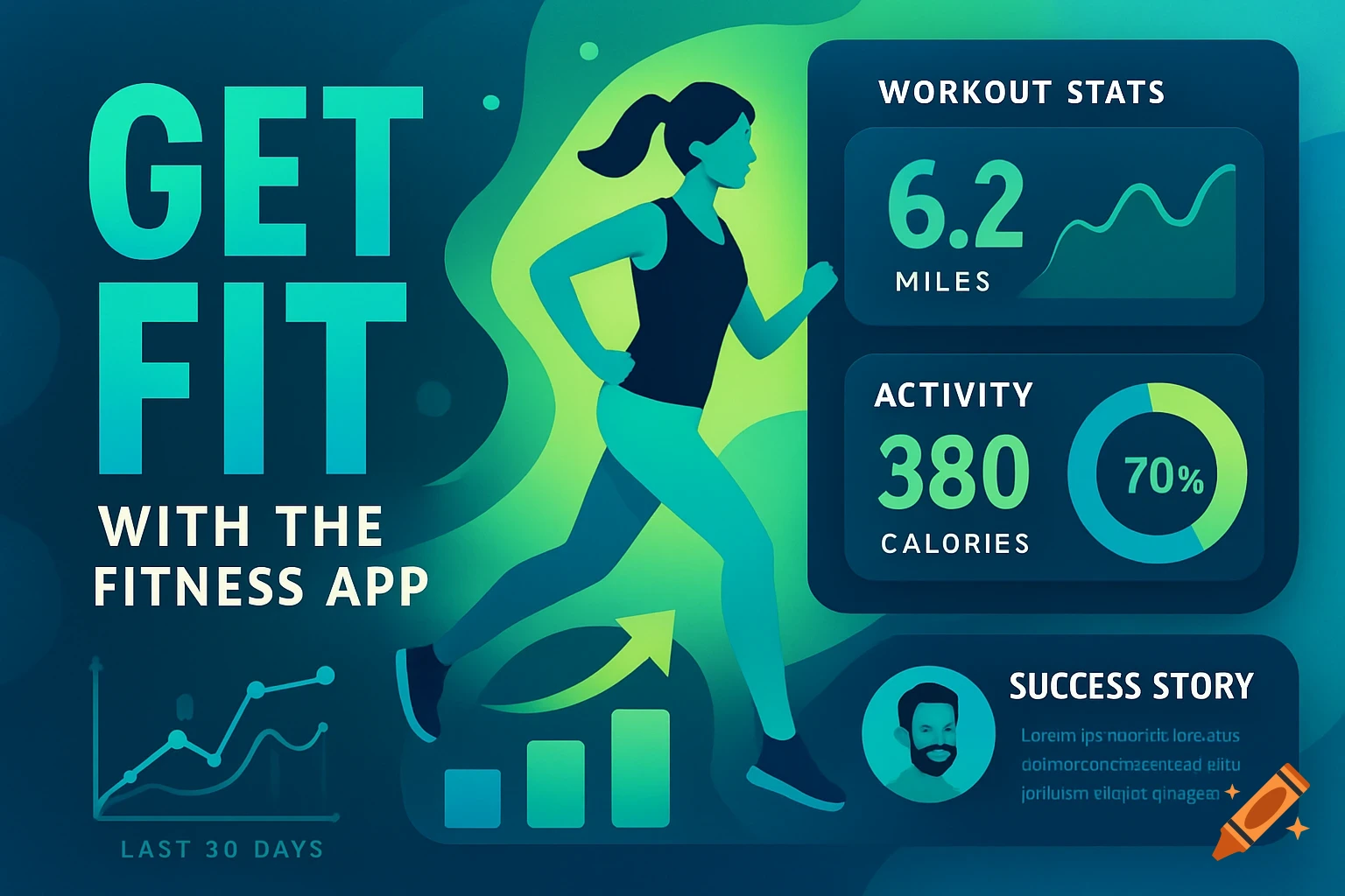 Stylized fitness app infographic with a running woman and data on workout stats, calories, and a success story.