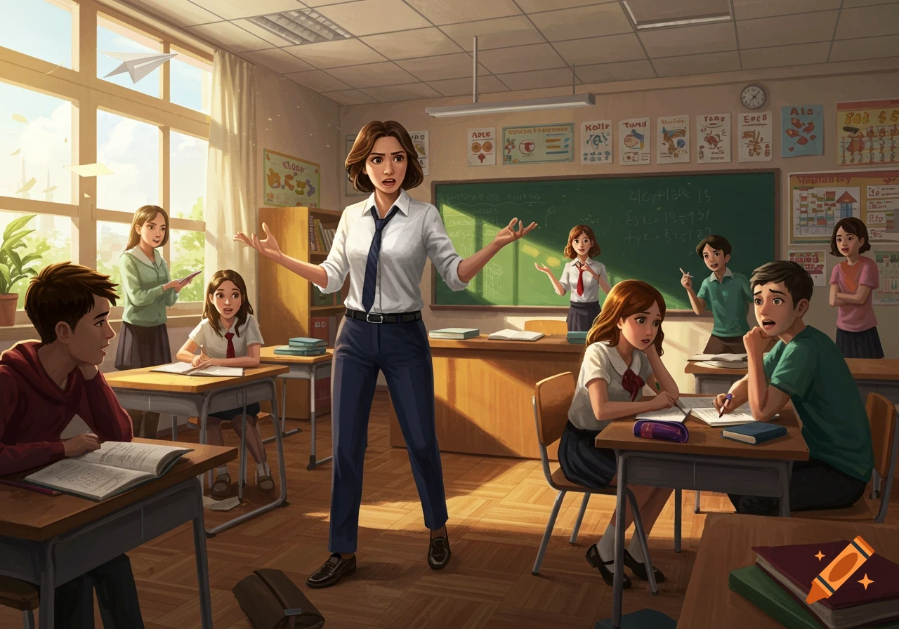 An exasperated teacher stands in a classroom full of distracted students, who are drawing, talking, and throwing paper planes.