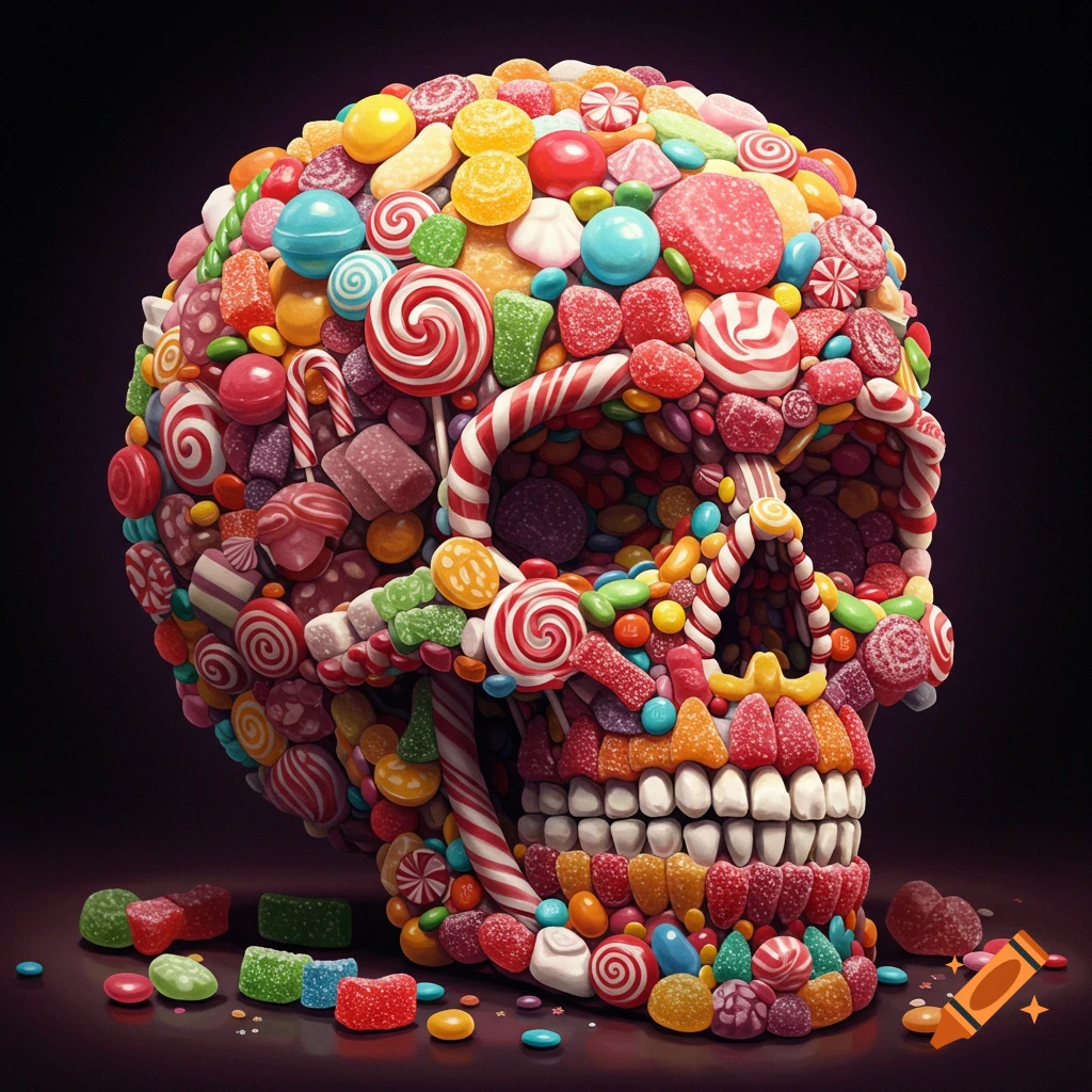 A skull intricately crafted from vibrant, colorful candies and sweets, photorealistic on a dark background.
