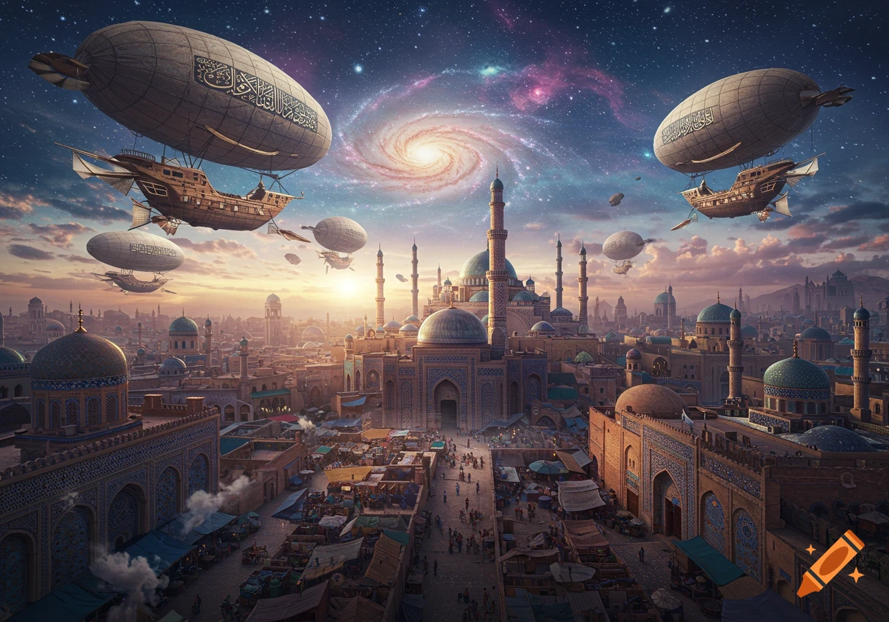 Steampunk city at sunset with Islamic architecture, bustling markets, and ornate airships under a cosmic, starry sky.