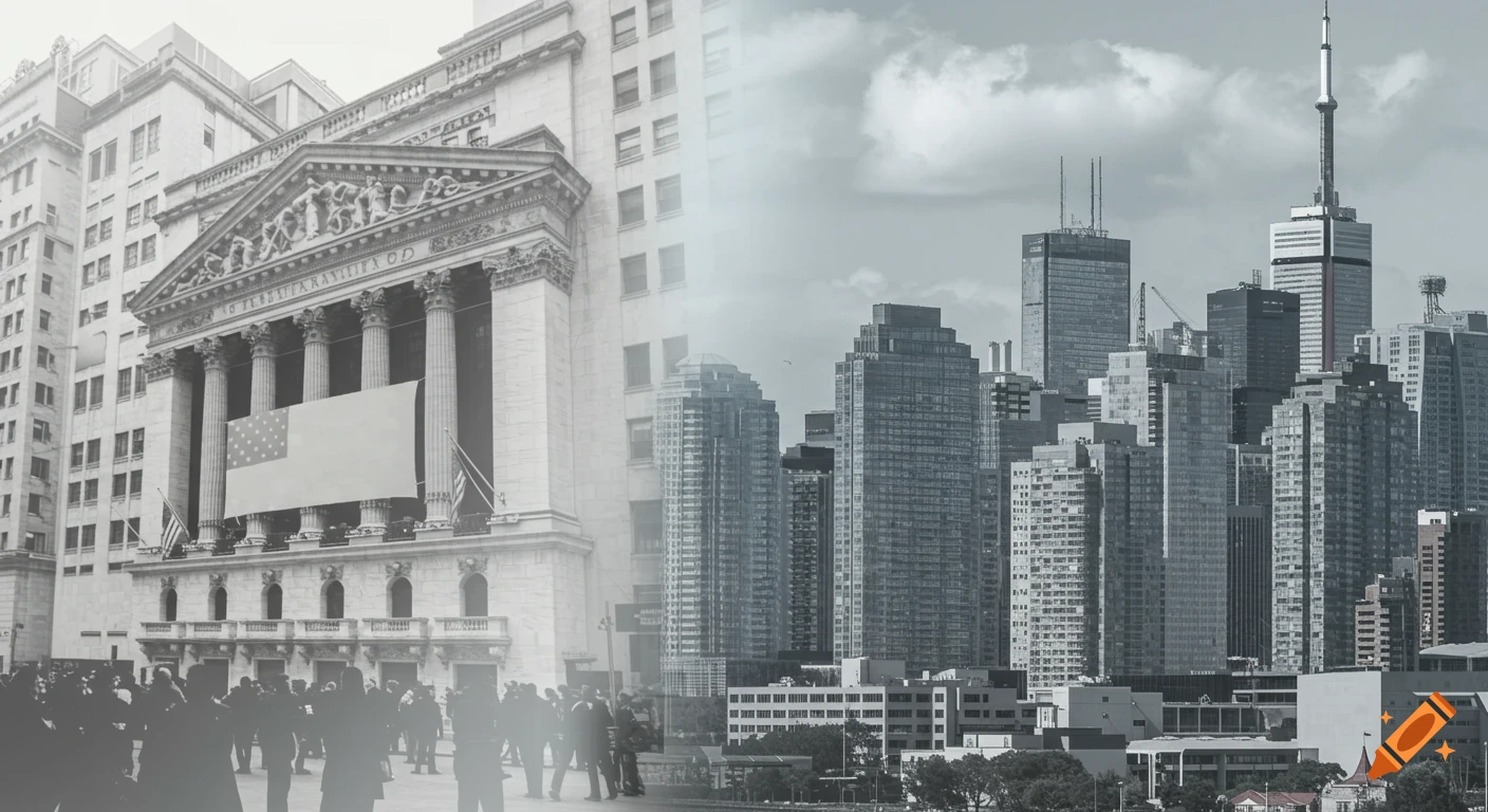 A greyscale split image featuring the neoclassical facade of the New York Stock Exchange on the left and a modern Toronto skyline on the right.