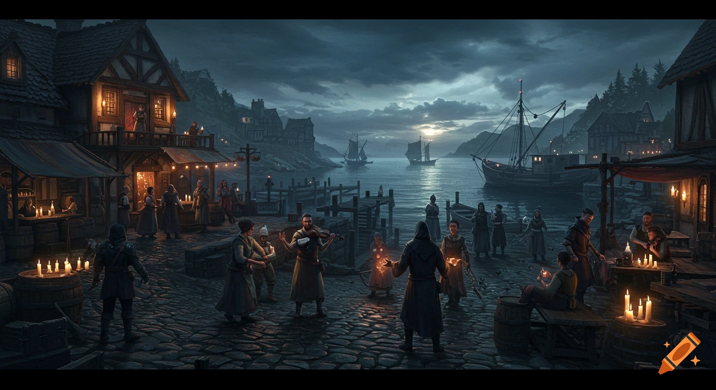 Dark fantasy artwork of a lively coastal town at dusk, with townsfolk, a glowing tavern, fishing boats, and a cloaked figure.