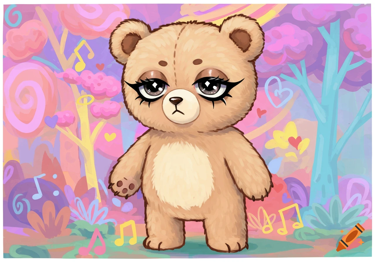 A sad-looking brown cartoon bear with emo eyeliner stands in a vibrant, whimsical forest with musical notes and hearts.