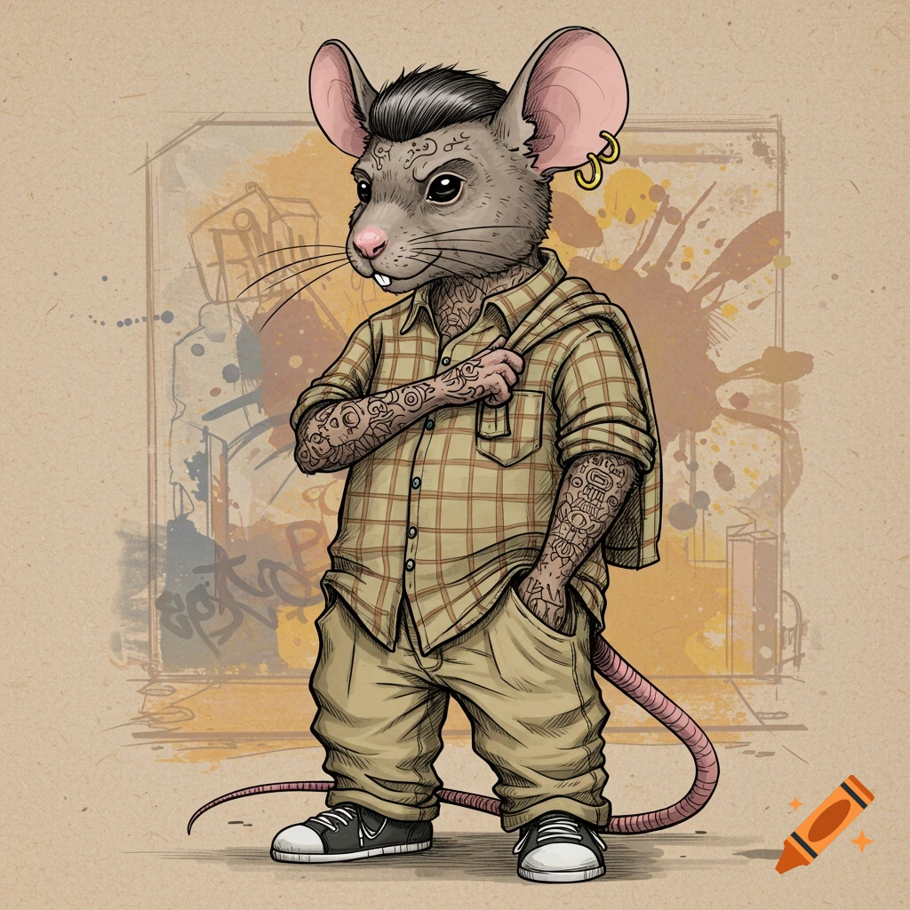 A cartoon mouse character styled as a cholo, with a plaid shirt, khakis, tattoos, and a bowl haircut, against a grunge background.