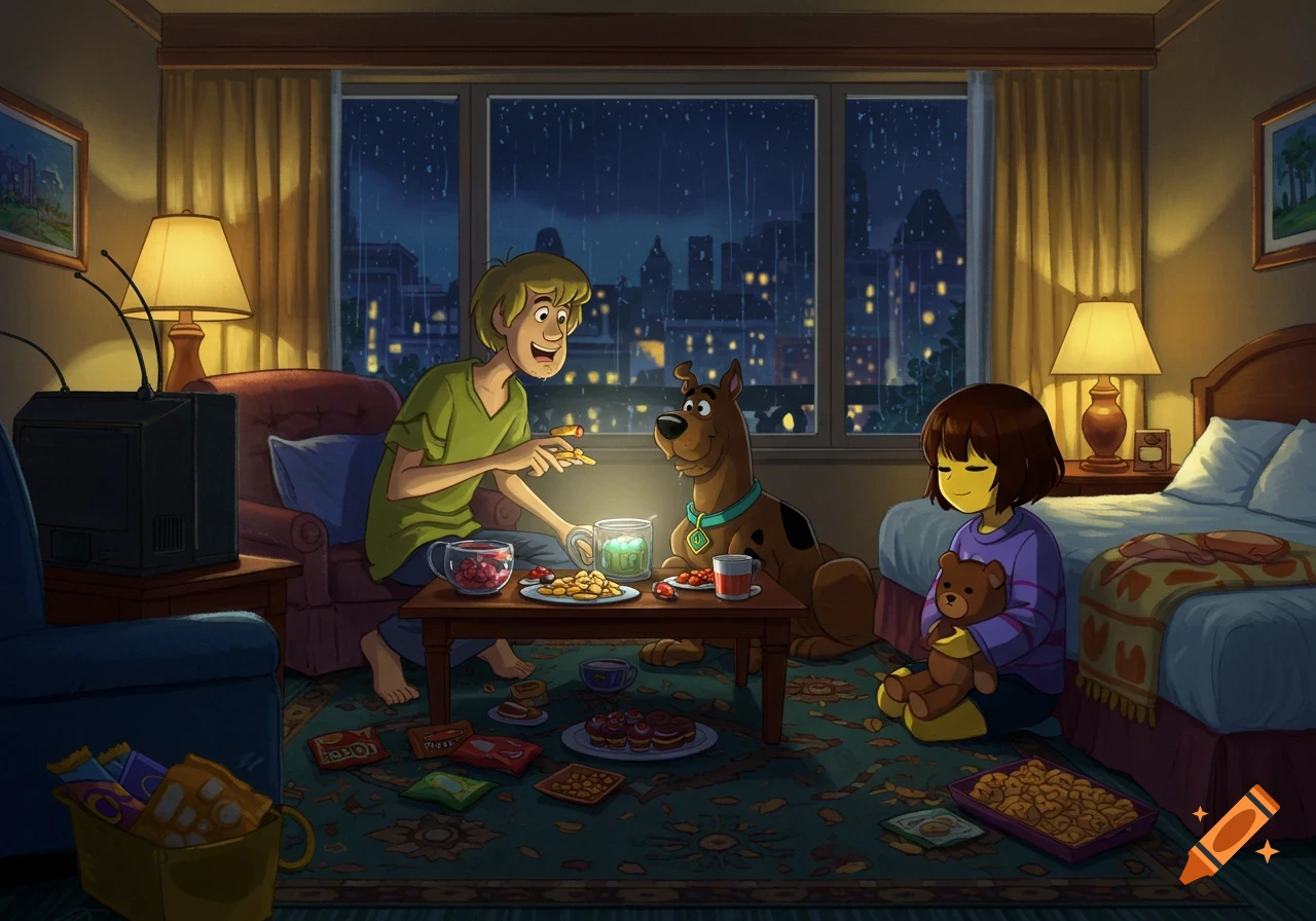 Shaggy, Scooby-Doo, and Frisk relax in a hotel room on a rainy night, eating snacks around a coffee table. Shaggy feeds Scooby as Frisk holds a teddy bear. A city skyline is visible through the window.