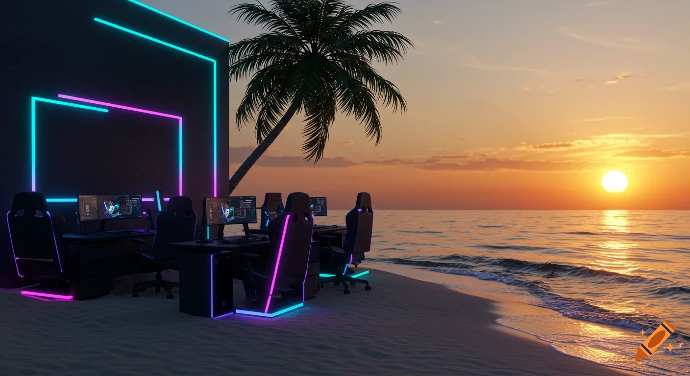 Gaming setup with glowing RGB lights on a sandy beach at sunset, with a palm tree, ocean, and vibrant sky.