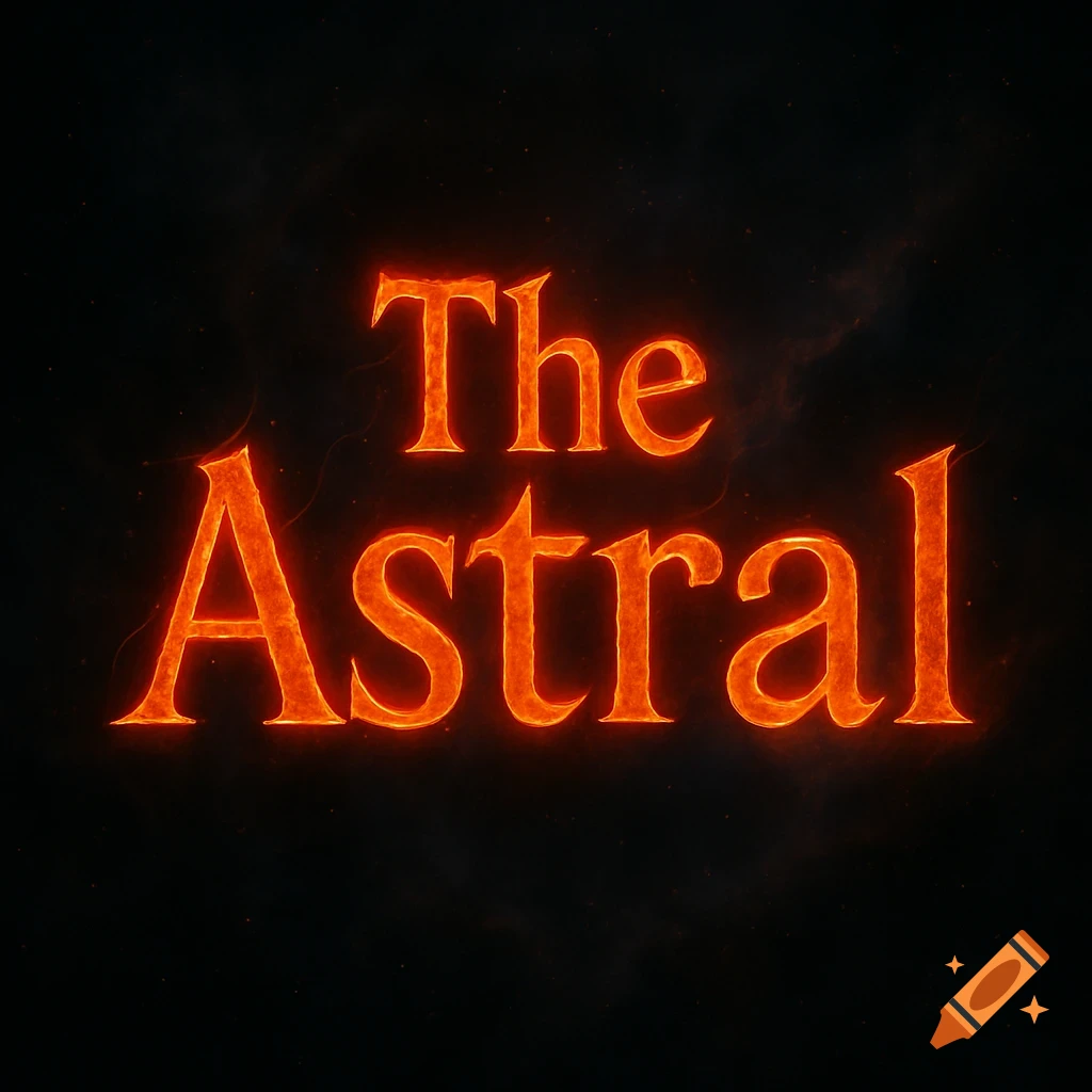 The words 'The Astral' in glowing, molten orange-red text with small light arcs against a dark, smoky background.