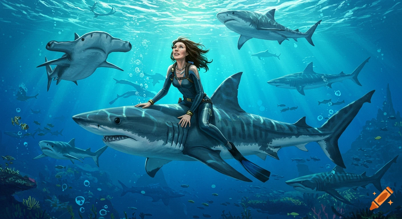 A woman in a wetsuit rides a large shark underwater, surrounded by various species of sharks. Digital art.