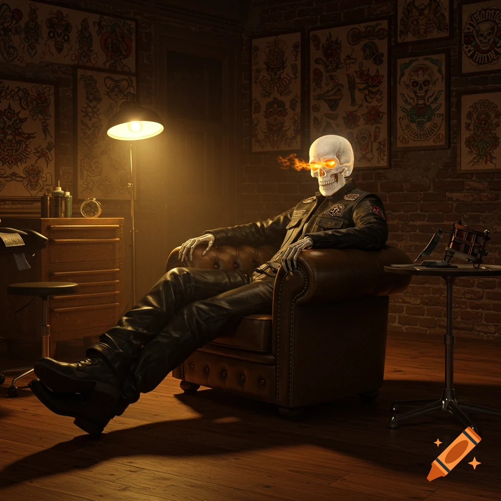 A skeleton with glowing fiery eyes, dressed in a leather biker jacket and pants, sits in a brown armchair in a dimly lit tattoo parlor with flash art on the brick walls.