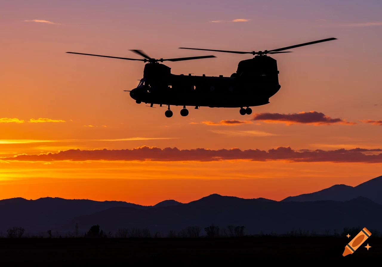 A silhouette of a Chinook helicopter flying against a vibrant orange and purple sunset over distant mountains.