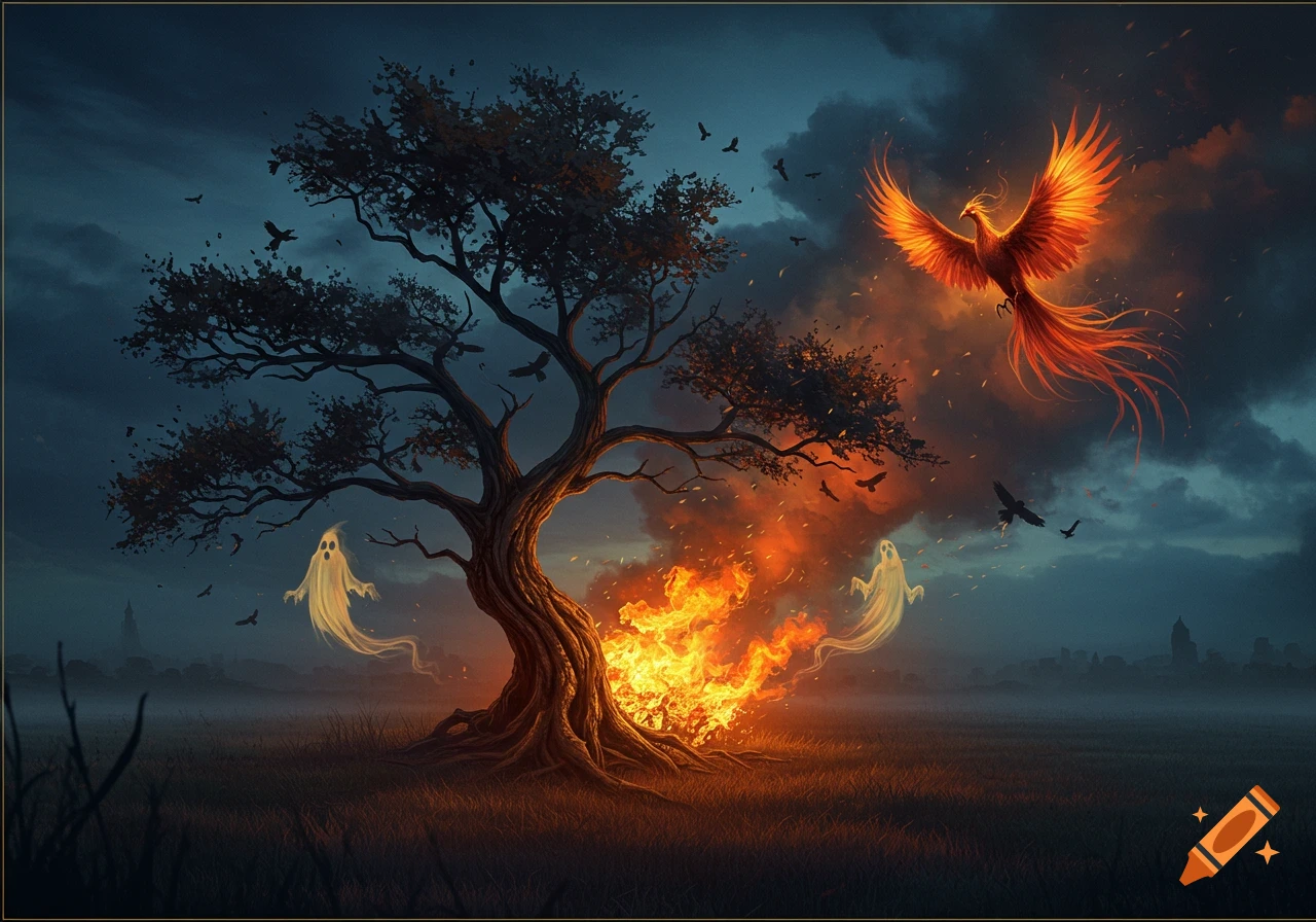 A gnarled tree burns in a misty field with ghosts, while a fiery phoenix flies from the flames and crows circle above.