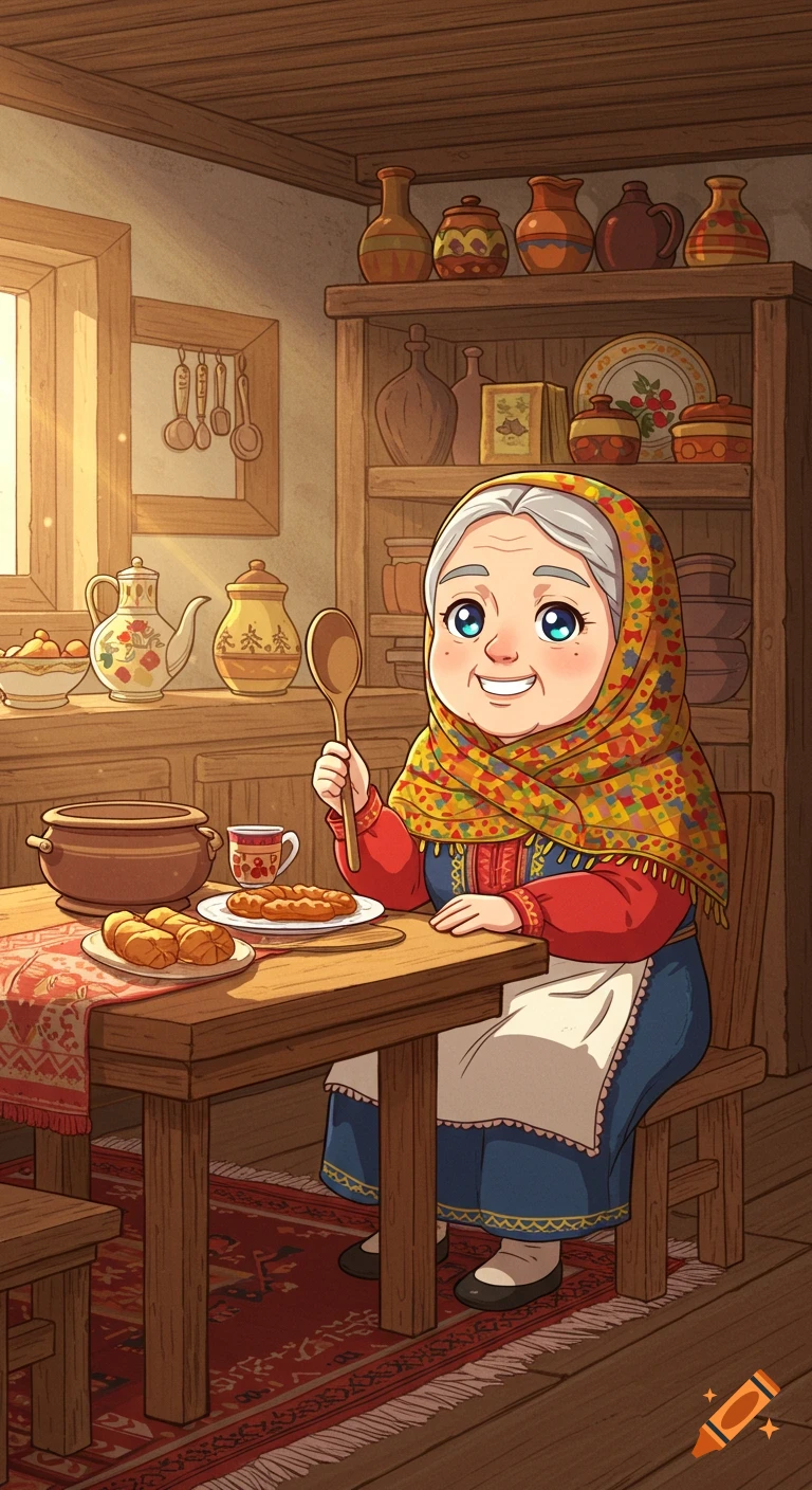 A cheerful elderly cartoon woman with a colorful shawl sits at a rustic kitchen table, holding a wooden spoon, in a warm anime style.