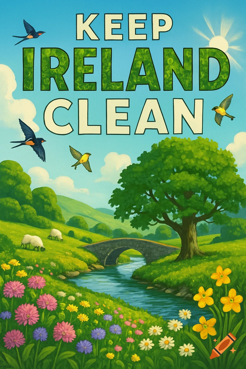 Vibrant illustration of a green Irish landscape with a river, stone bridge, sheep, tree, flowers, birds, and text 'KEEP IRELAND CLEAN' in the sky.