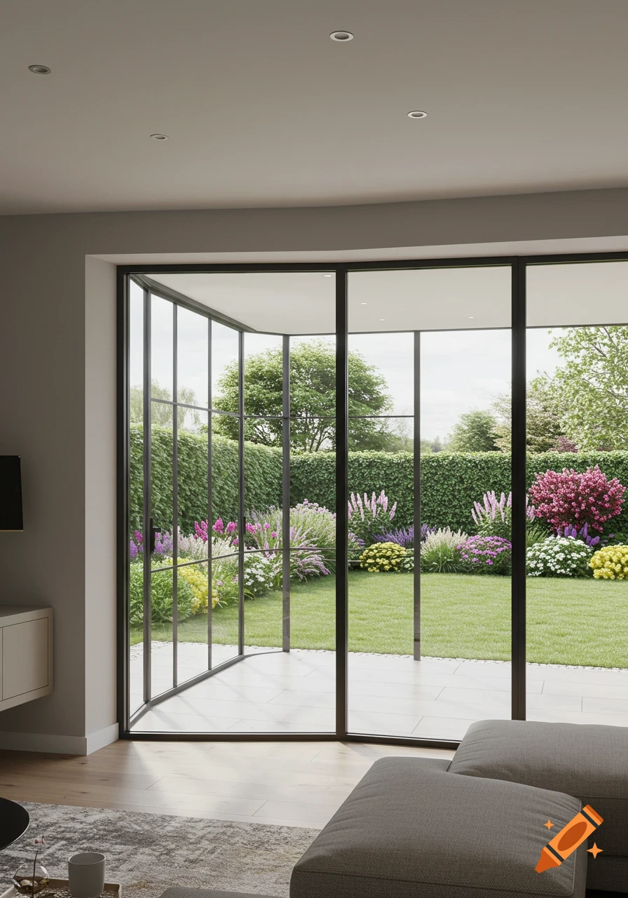 Photorealistic view from a modern living room through a bay window to a vibrant garden with colorful flowers and hedges.