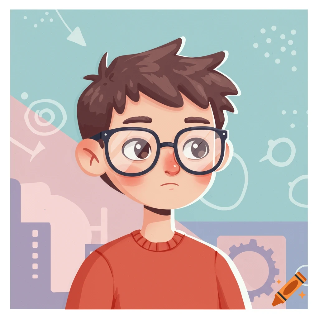 2D cartoon illustration of a young boy with short brown hair and glasses, wearing a red sweater, against an abstract background.