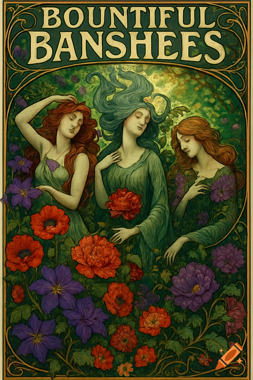 Art Nouveau poster titled 'BOUNTIFUL BANSHEES' depicting three women with flowing hair amidst a lush floral garden with red and purple flowers.