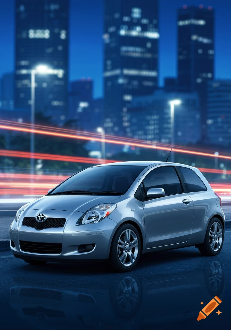 A silver two-door Toyota Yaris is parked on a wet street at night, with blurred city buildings and red light trails in the background.