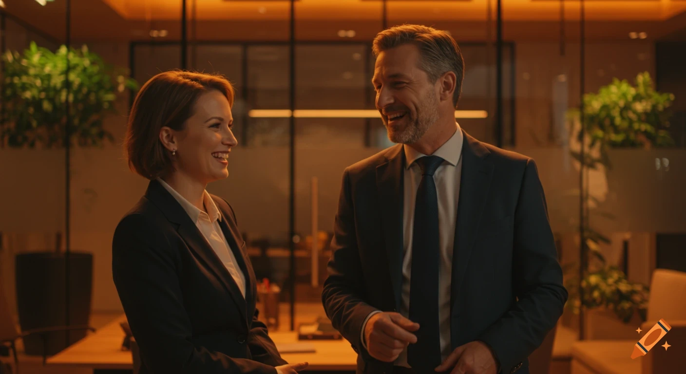 A smiling man and woman in business suits talk in a modern office with warm lighting, photorealistic.