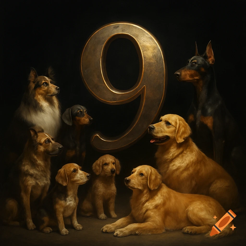 A large, bronze number 9 stands centrally, surrounded by various dog breeds like Golden Retrievers, a Doberman, and a Shetland Sheepdog, against a dark, dramatic background in a photorealistic style.