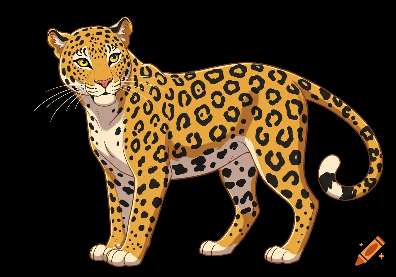 An animated leopard with yellow eyes and a spotted coat stands on a black background.