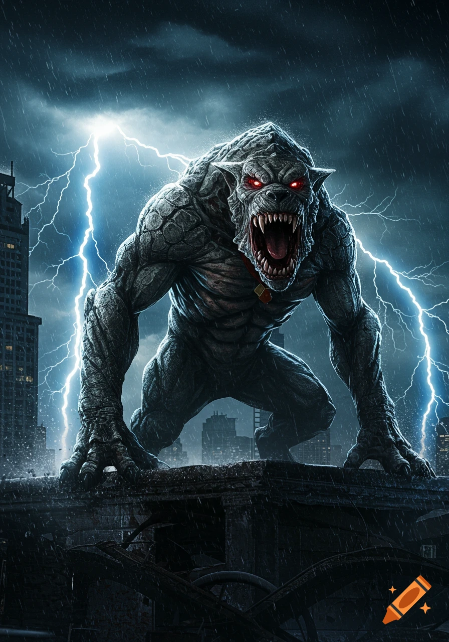 A large, grey, monstrous creature with red eyes and sharp teeth roars from a rooftop during a lightning storm over a city at night.