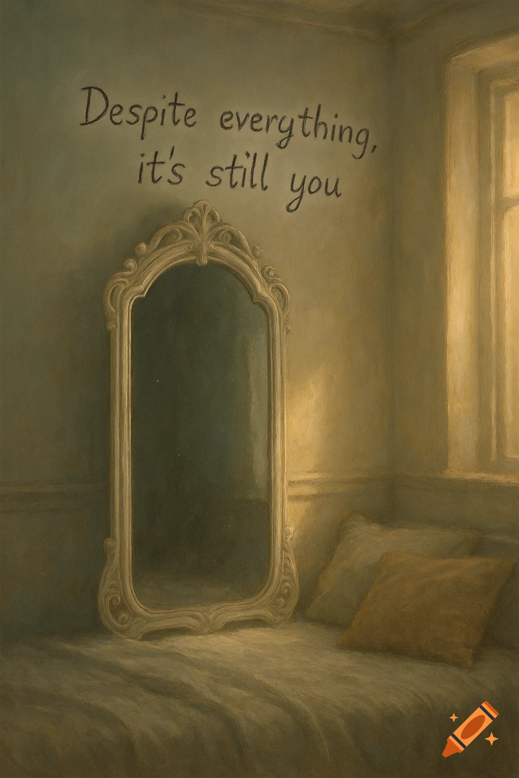 A dim, melancholic room with an ornate white mirror reflecting darkness, and the quote 'Despite everything, it's still you' on the wall.