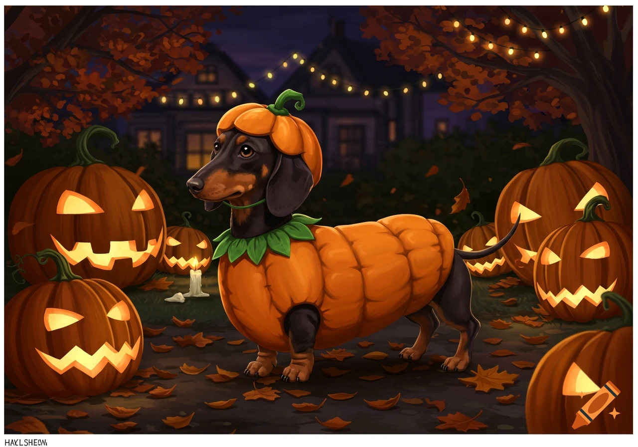A dachshund in a pumpkin costume stands among glowing jack-o'-lanterns on a dark Halloween night in a whimsical illustration.