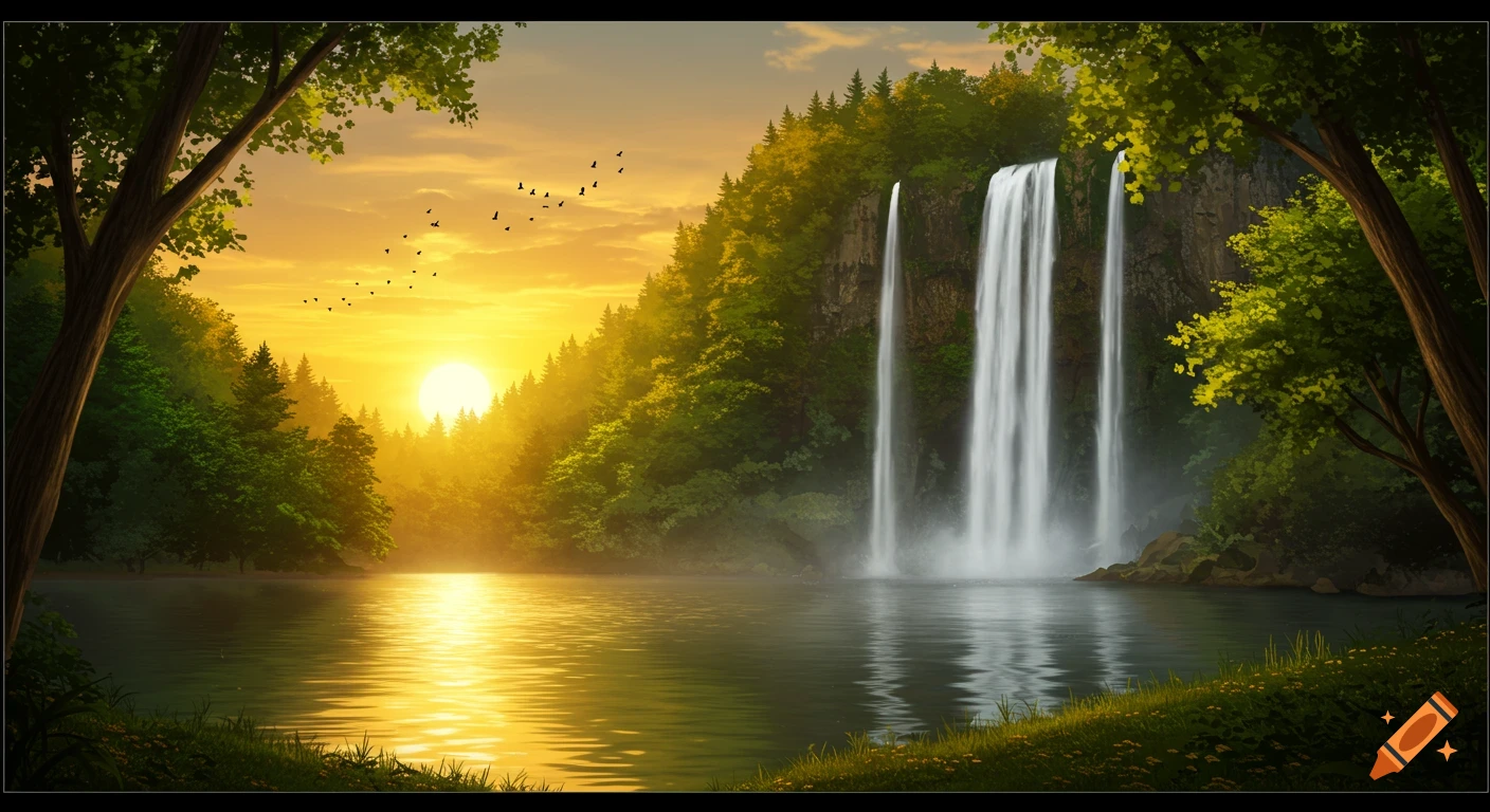 Illustrated forest lake scene with tall waterfalls and a bright sunset over the trees.