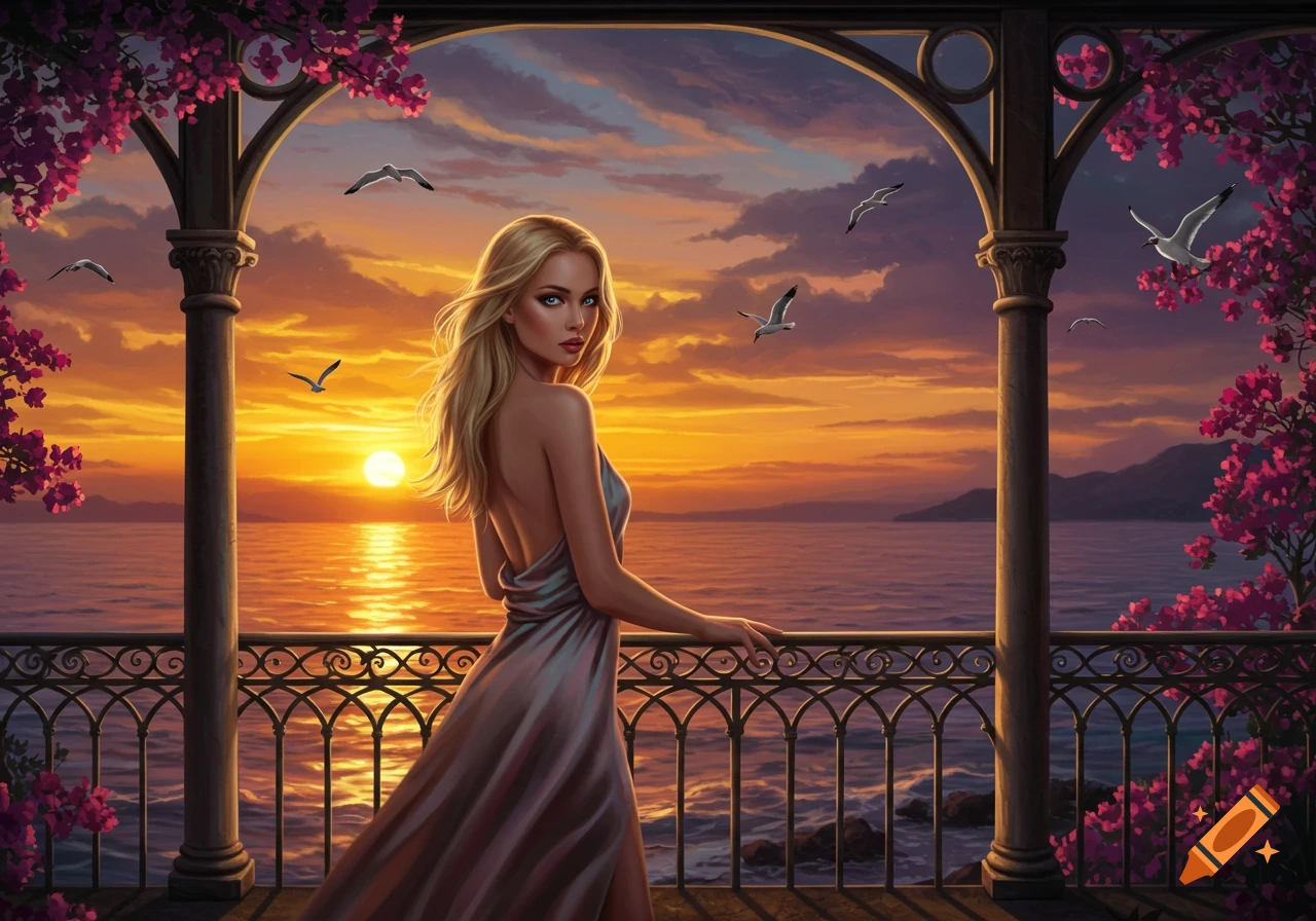 Blonde woman in an elegant dress on a balcony overlooking a vibrant ocean sunset, digital art.