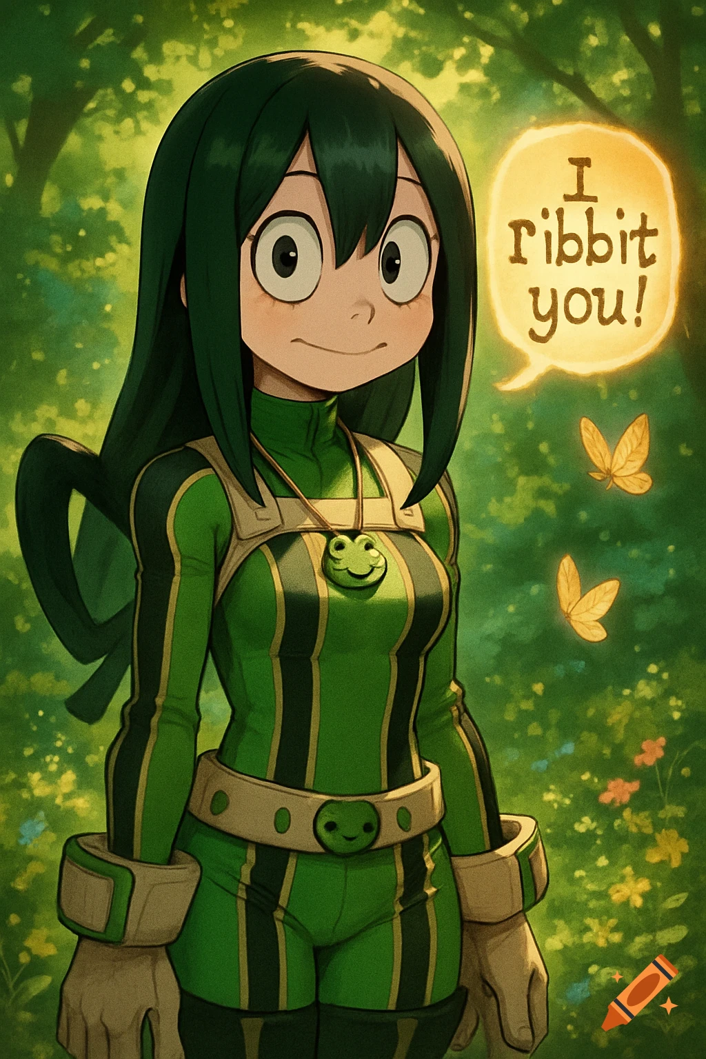 Anime girl Tsuyu Asui in her green frog hero costume, smiling in a lush forest, with a speech bubble saying 'I ribbit you!'.